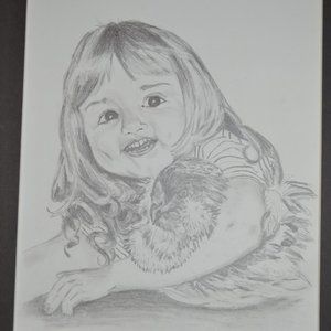 Original Art Pencil Sketch -Girl and Pet Chicken